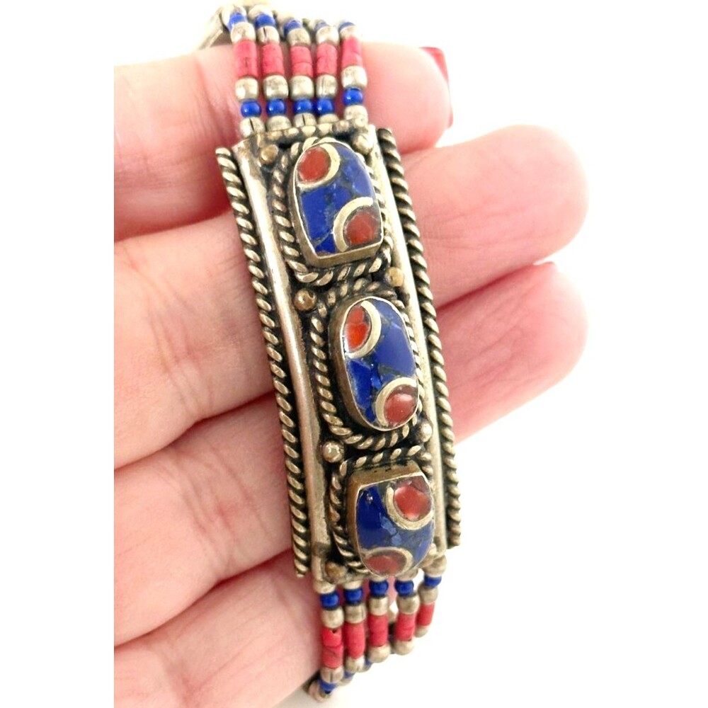 Vintage Tibetan Bracelet Blue Red Inlay Ethnic Boho Beaded Silver Tone Nepal